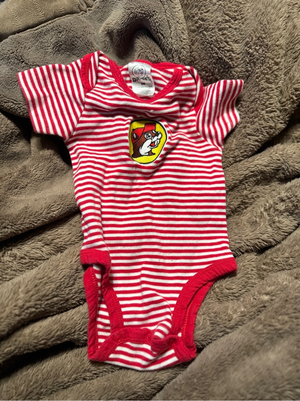 Red & White Striped Baby Bodysuit with Cartoon Patch